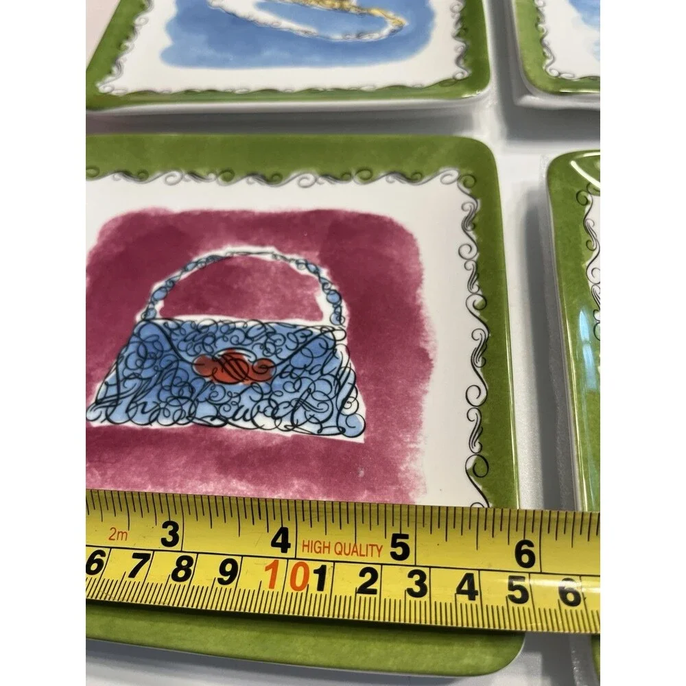 Pier 1 Square Appetizer 6” Plates Featuring Hats, Dress, Shoes & Purse 8pcs